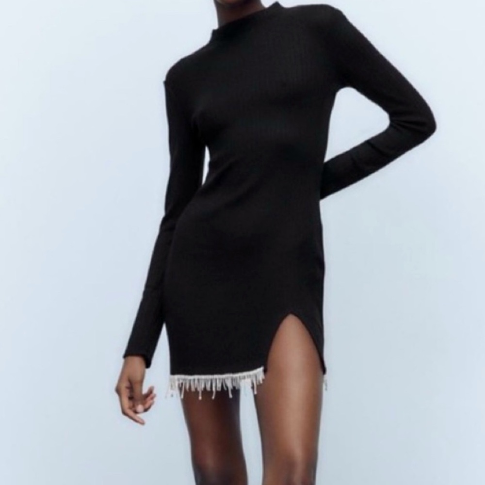 ZARA Black Ribbed Rhinestone Sweater Dress